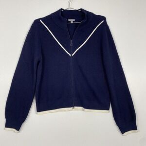 Talbots Cardigan Sweater Womens Large Blue Full Zip Mock Neck Contrast Knit